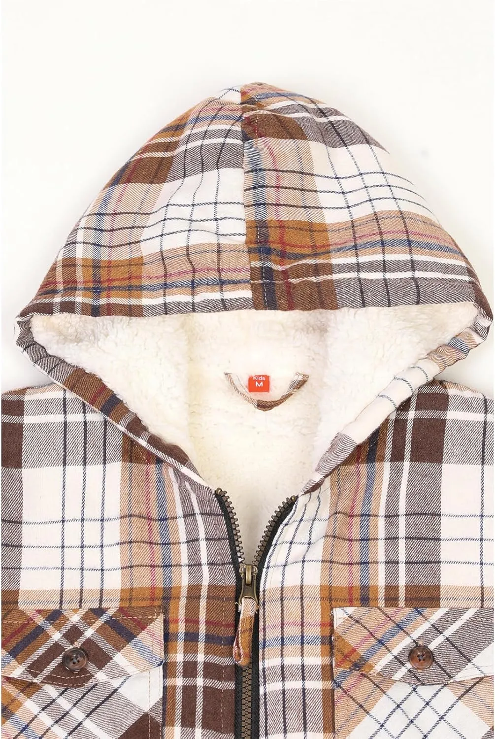 ZENTHACE Girls Sherpa Lined Full Zip Up Plaid Flannel Shirt Fuzzy Hooded Flannel Jacket with Hand Pockets