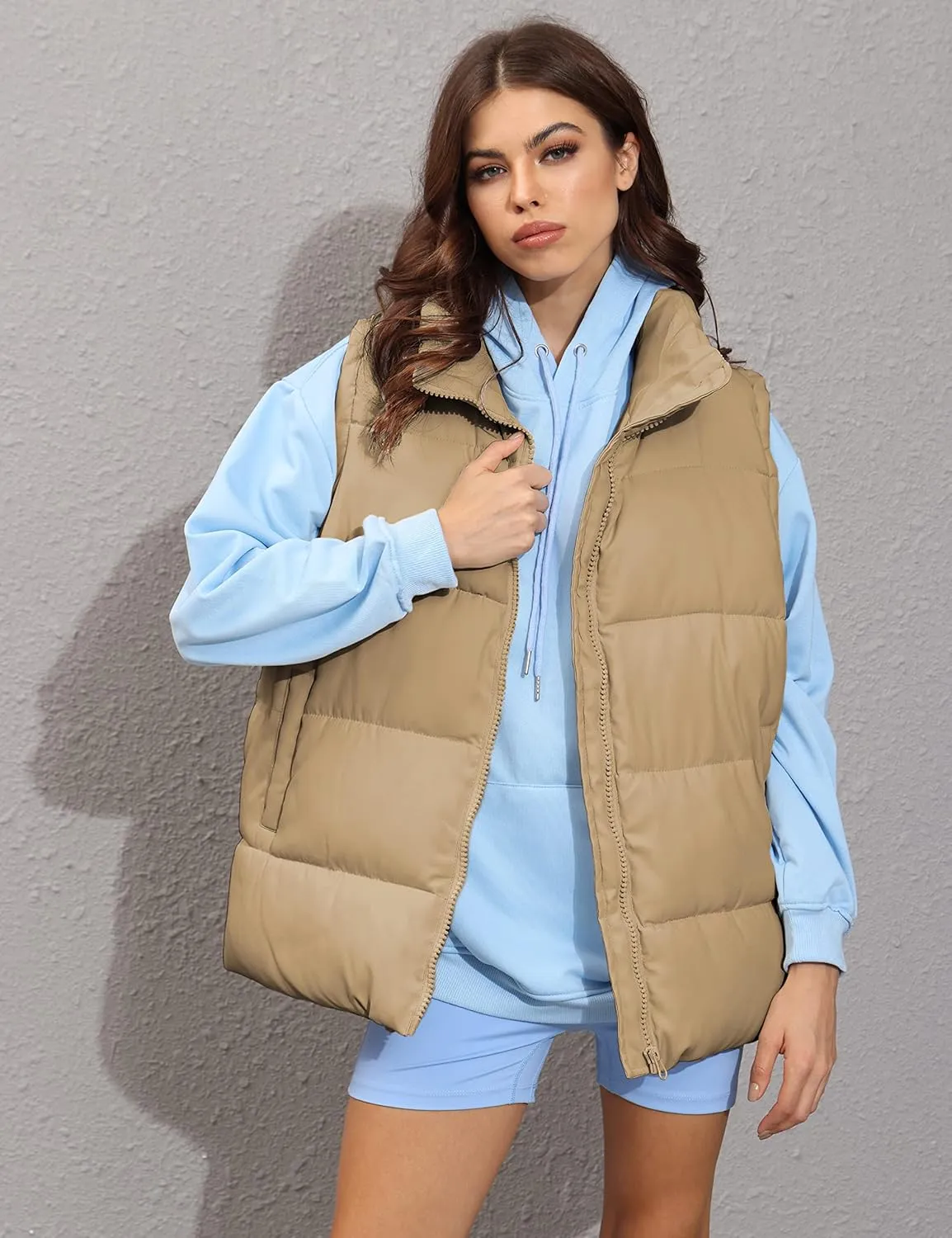 Zhiyouni Womens Puffer Vests Sleeveless Puffy Jackets Stand Collar Zipper Coats