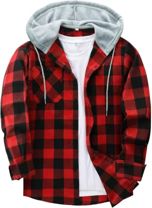 ZITY Men's Flannel Hoodie Shirts Casual Button Down Plaid Shirt Jackets for Men Long Sleeve Stylish Hooded with Pocket